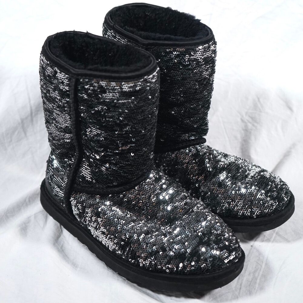 UGG Classic Short Sparkle Sequin Boots Black Silver Women's 7